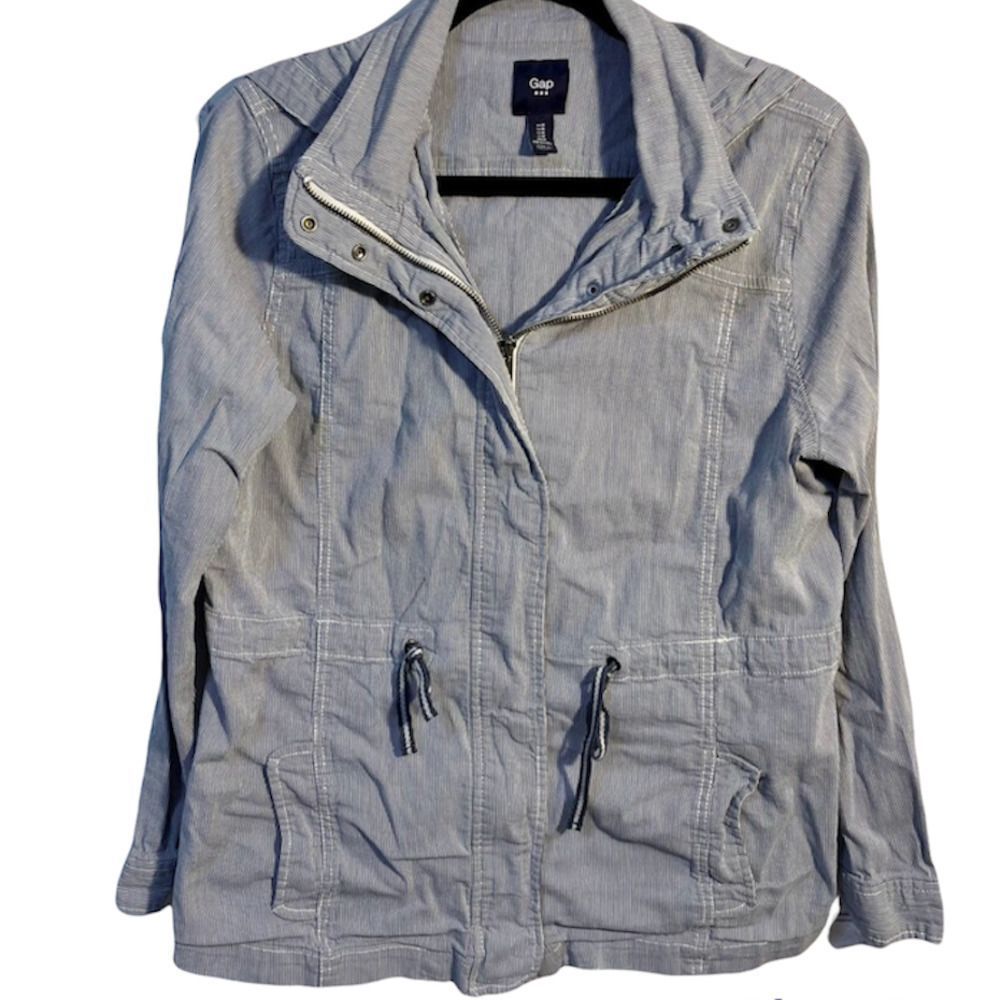 GAP Nautical Demin Lightweight Hooded Jacket Blue & White Striped Women's Medium